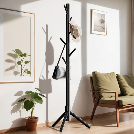 Coat Rack Stand with 3 Height Options and 8 Hooks Wooden Freestanding Coat Rack for Home, Office, Entryway, Hallway