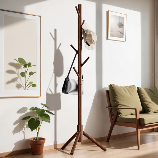 Coat Rack Stand with 3 Height Options and 8 Hooks Wooden Tall Freestanding Coat Rack for Home, Office, Entryway, Hallway