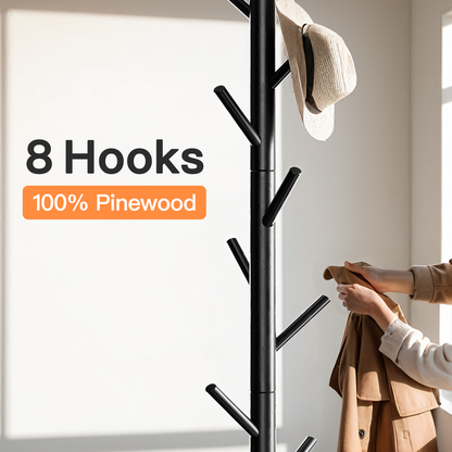 Coat Rack Stand with 3 Height Options and 8 Hooks Wooden Freestanding Coat Rack for Home, Office, Entryway, Hallway