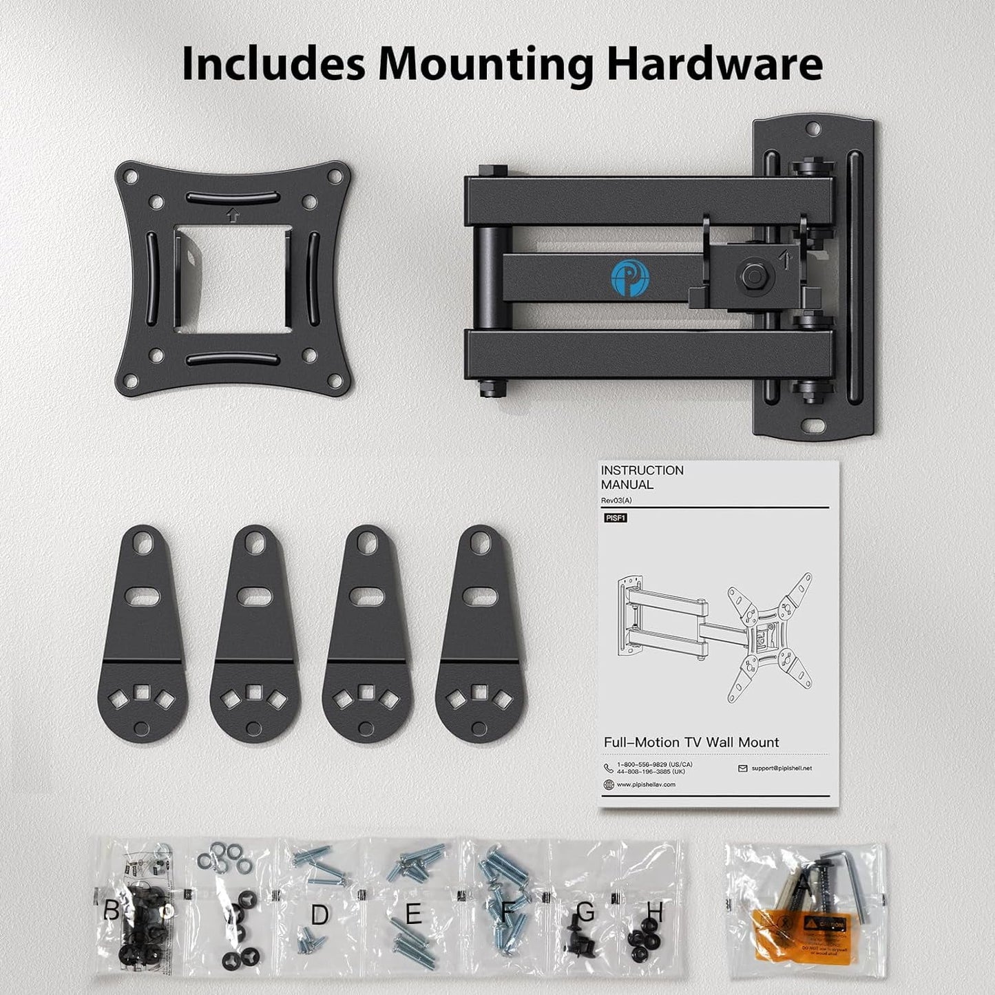 Full Motion TV Monitor Wall Mount Bracket Articulating Arms Swivels Tilts Extension Rotation for Most 13-42 inch LED LCD Flat Curved Screen TVs Monitors, Max 200x200mm up to 44lbs