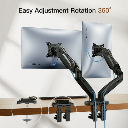 HUANUO Dual Monitor Stand, Adjustable Spring Monitor Desk Mount Swivel Vesa Bracket with C Clamp/Grommet Mounting Base for 17 to 27 Inch Computer Screens, Each Arm Holds 4.4 to 14.3lbs