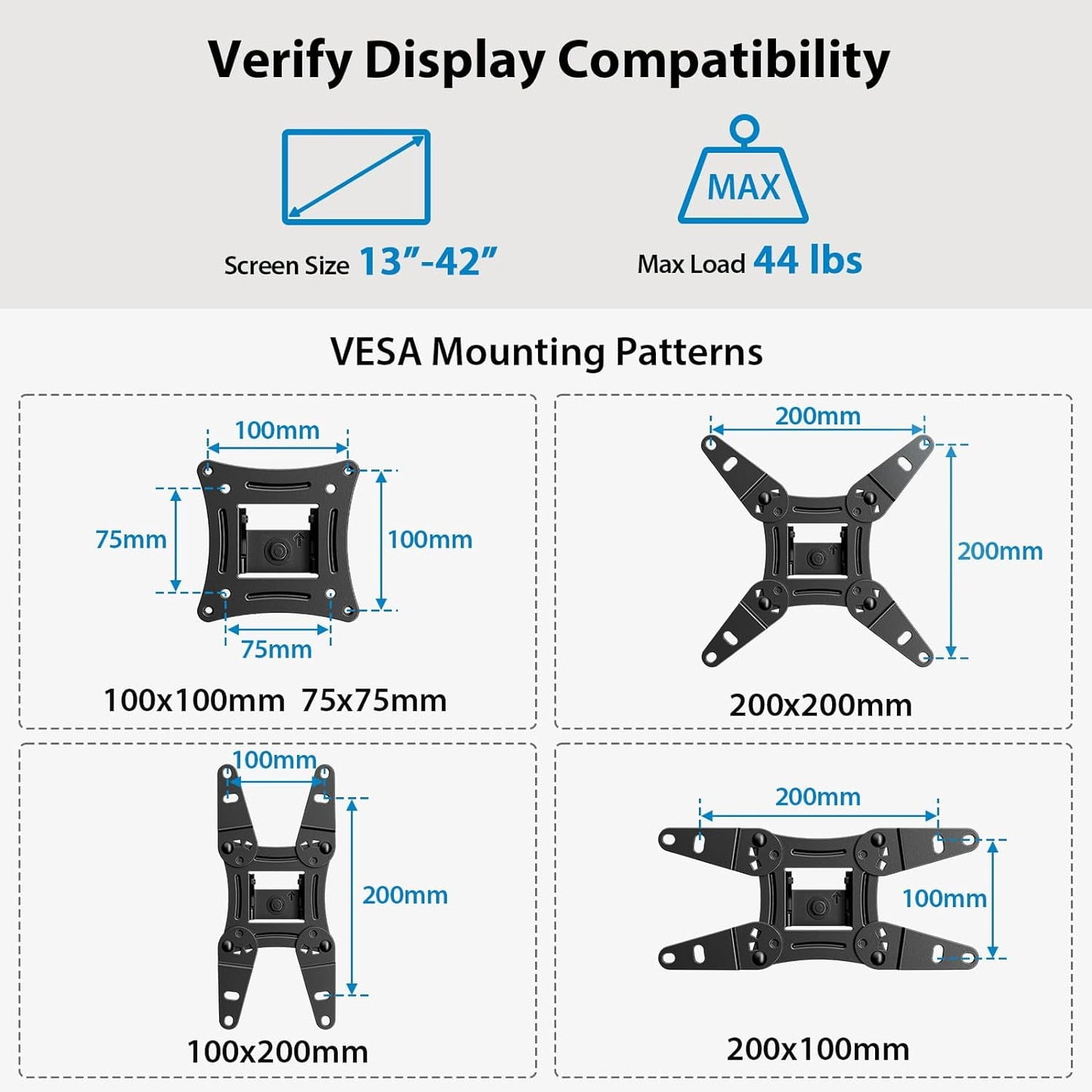 Full Motion TV Monitor Wall Mount Bracket Articulating Arms Swivels Tilts Extension Rotation for Most 13-42 inch LED LCD Flat Curved Screen TVs Monitors, Max 200x200mm up to 44lbs