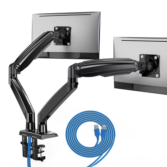 Dual Monitor Mount Desk Stand for 13-35 Screens inch Height Adjustable with Clamp/Grommet Base&USB, Each Arm Hold up to 26.4lbs