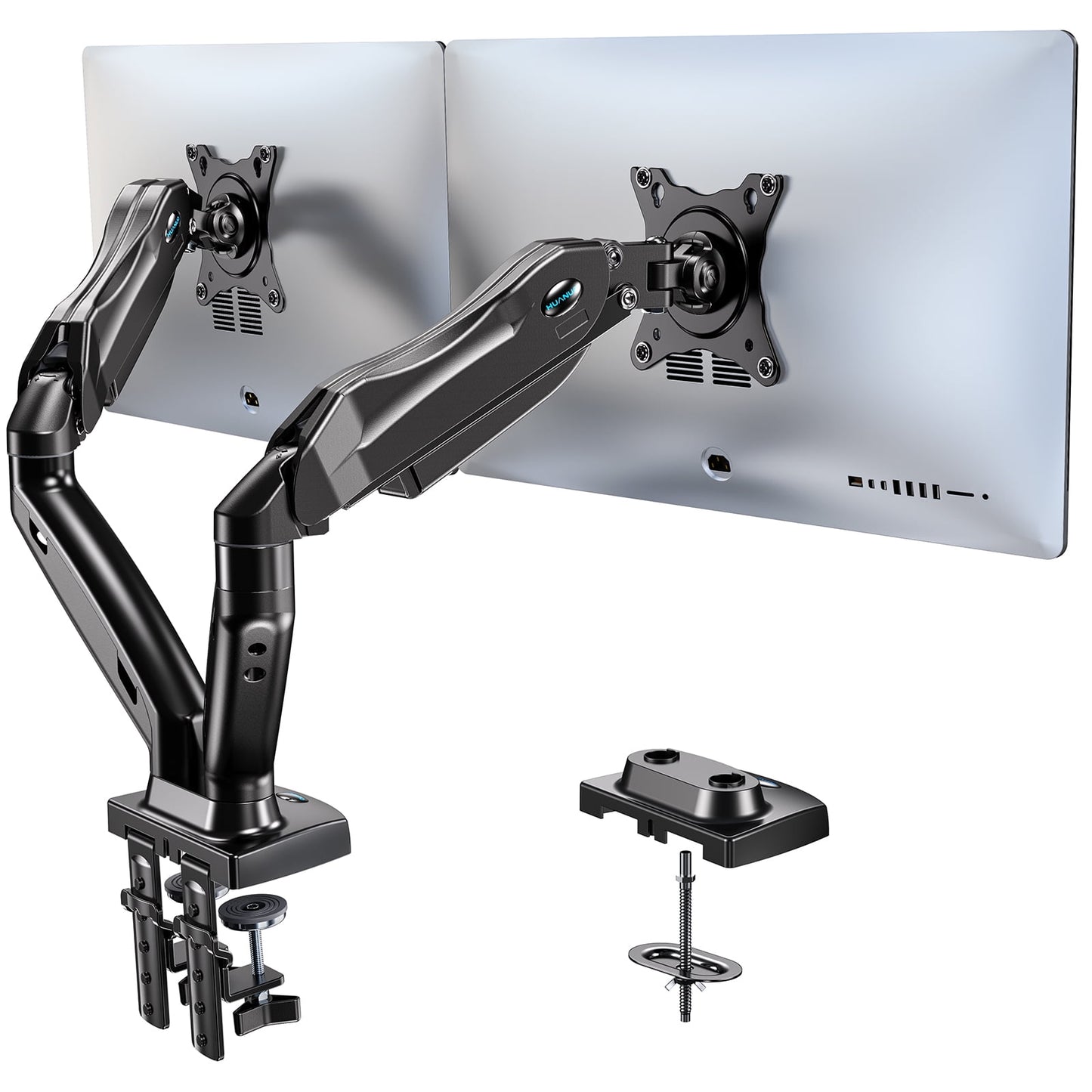 HUANUO Dual Monitor Stand, Adjustable Spring Monitor Desk Mount Swivel Vesa Bracket with C Clamp/Grommet Mounting Base for 17 to 27 Inch Computer Screens, Each Arm Holds 4.4 to 14.3lbs