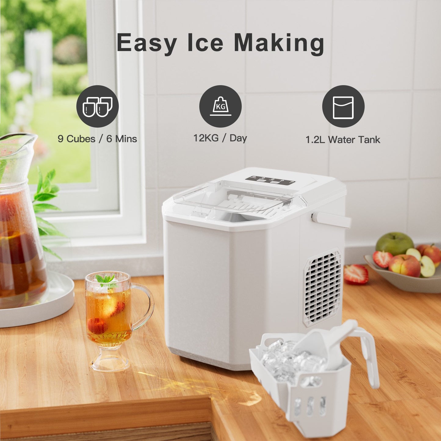 Philergo Countertop Ice Maker, Portable Ice Machine with Basket & Scoop, 9 Cubes in 6 Mins, 26lbs/24H, White