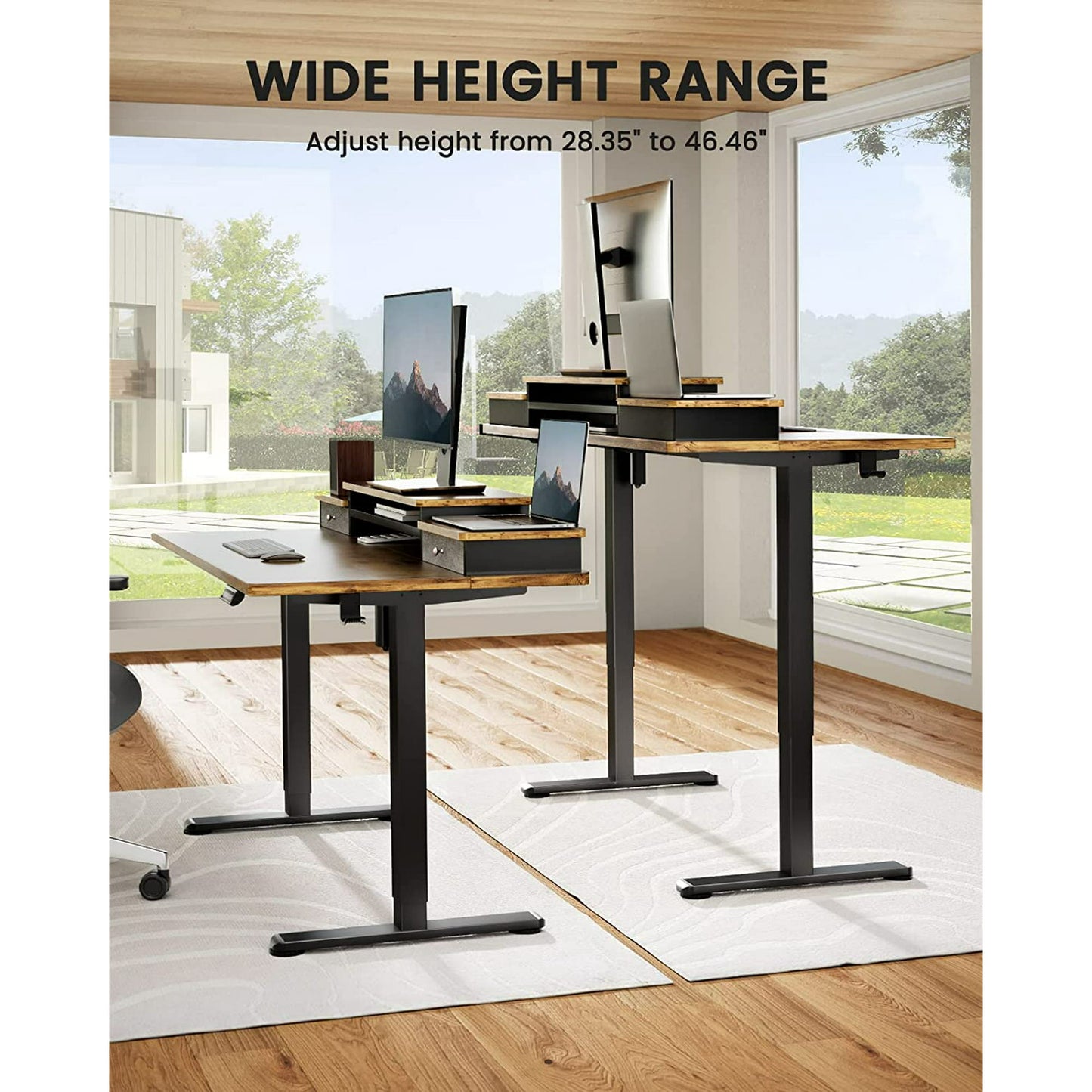 48x24 Adjustable Height Electric Standing Desk with Double Drawers, Computer Stand Up Desk, Home Office Desk Workstation with Storage Shelf, Vintage Brown