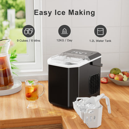 Philergo Countertop Ice Maker, Portable Ice Machine with Basket & Scoop, 9 Cubes in 6 Mins, 26lbs/24H, Black