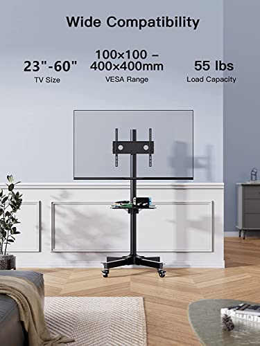 PERLESMITH Mobile TV Cart with Wheels for 23-60 Inch LCD LED OLED Flat Curved Screen Outdoor TVs Height Adjustable Shelf Floor Stand Holds up to 55lbs Monitor TV Holder with Tray Max VESA 400x400mm