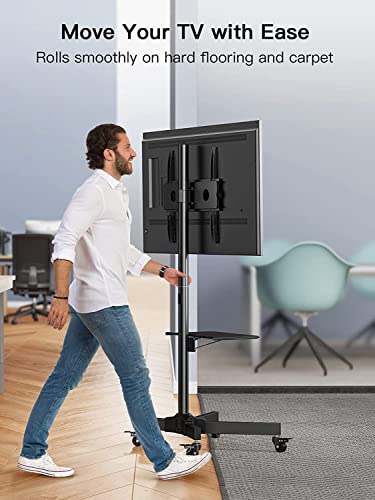 PERLESMITH Mobile TV Cart with Wheels for 23-60 Inch LCD LED OLED Flat Curved Screen Outdoor TVs Height Adjustable Shelf Floor Stand Holds up to 55lbs Monitor TV Holder with Tray Max VESA 400x400mm